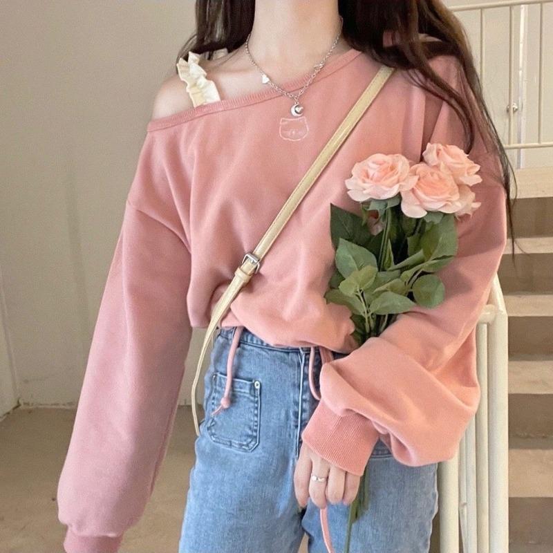 Süße Rosa Cropped Hoodies Y2k Kleidung Damen Katzenstickerei Schulterfrei Locker Kordelzug Rundhals Sweatshirt
