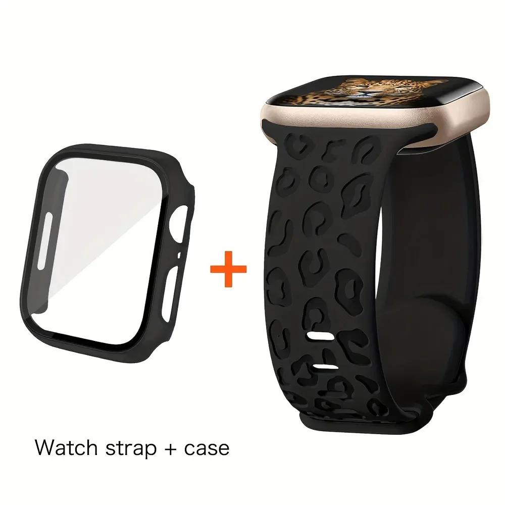 Glass+Case+Strap for Apple Watch Band 45mm 44mm 41mm 40mm Engraved Leopard belt for Apple IWatch Series 10 8 7 6 SE 5 46mm 42mm