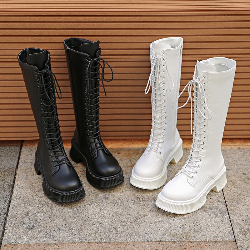 Fashion Lace-up Knight Boots Women's New Platform Mid Heel Block Heel No Knee Boots High