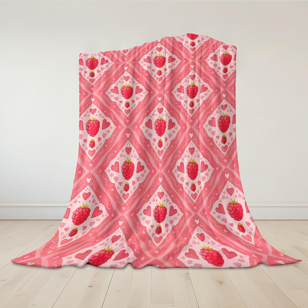 Raspberry Heart Grid Flannel Blanket Warm Soft Halloween Christmas Couch Warm Cozy Decorative Decor Gift for All Season