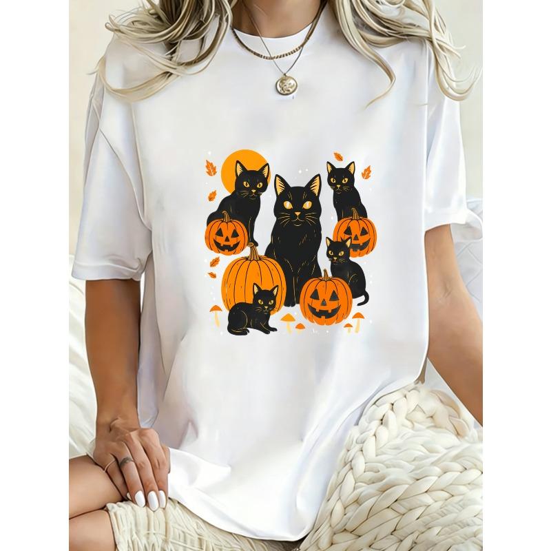 Halloweenové oversized tričko s potiskem černých koček a dýní pro ženy, ležérní podzimní párty oblečení