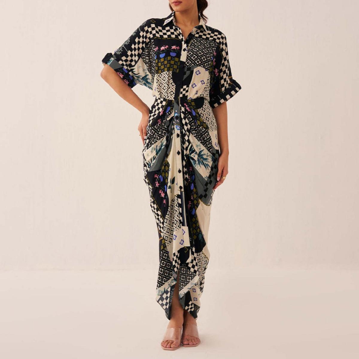 

Spring New Fashion Elegant Commute Graffiti Print Turn-down Collar Dress for Women European & American Style Crossborder Women s Clothing 3XL чорний