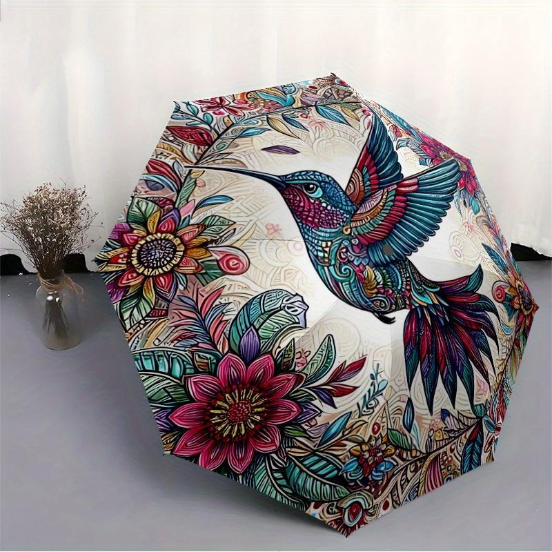 1pc Hummingbird Floral Automatic Open/close Folding Compact Umbrella, 8 Rib Sturdy Canopy, Lightweight Portable, Everyday Use, Gift,,124