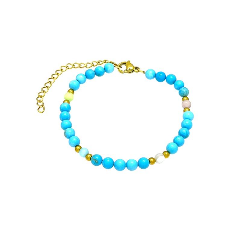 Turquoise Natural Stone Beaded Bracelet – Multicolor Crystal Gold Accent Jewelry, Boho Healing Gift for Women