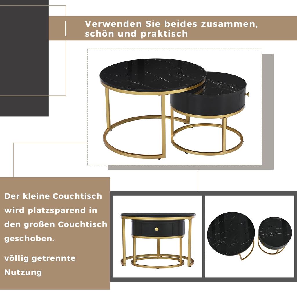 Couchtisch Rund, Satztisch 2er Set, Moderne Nesting Kaffeetisch Schublade, Gold Marmormuster, Sofatische Schlafzimmer Balkon Büro, Schwarz