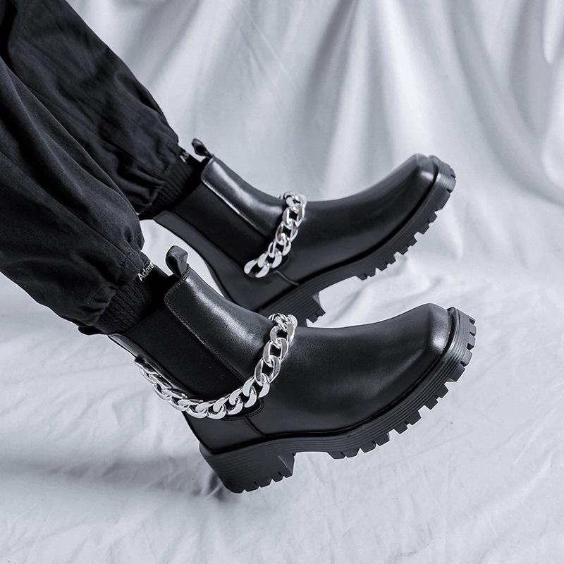 Martin boots mid-top British style youth hairstylist high-top leather boots thick-soled square head zipper Chelsea boots