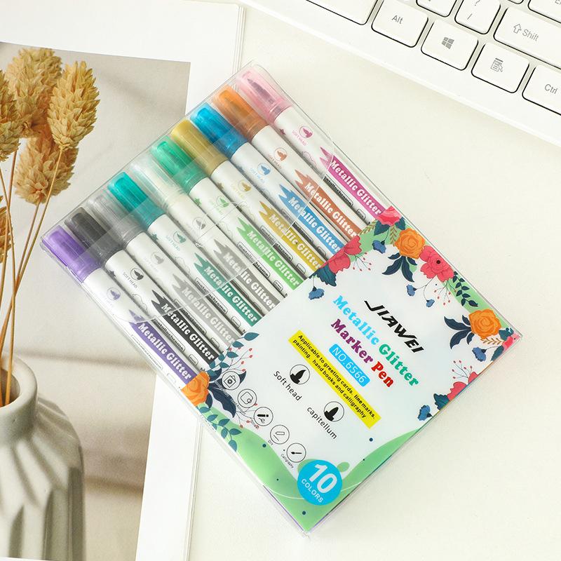 

10Pcs Metallic Glitter Double Tip Marker Pens With Brush And Fine Nibs For Album Diy Black Cards Scrapbooking Craft Supplies 10Pcs