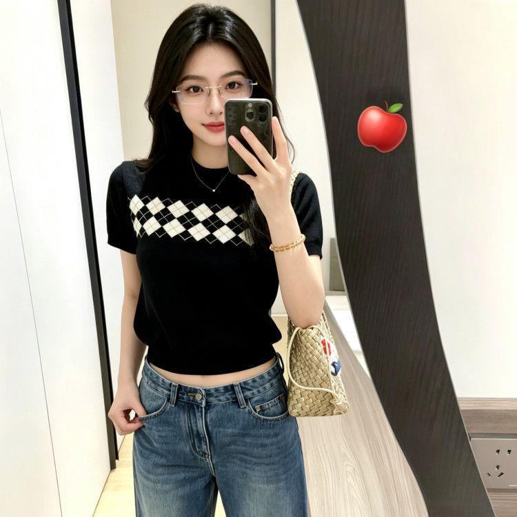 2026 Summer Chic Plaid Print Retro Tee - Short Sleeve, Slim Fit, Fairy Style