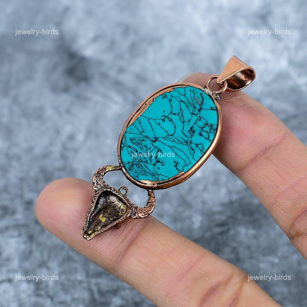 Oval Turquoise Gemstone Electroformed Birthday Gift Engagement Pendant Copper VP-42