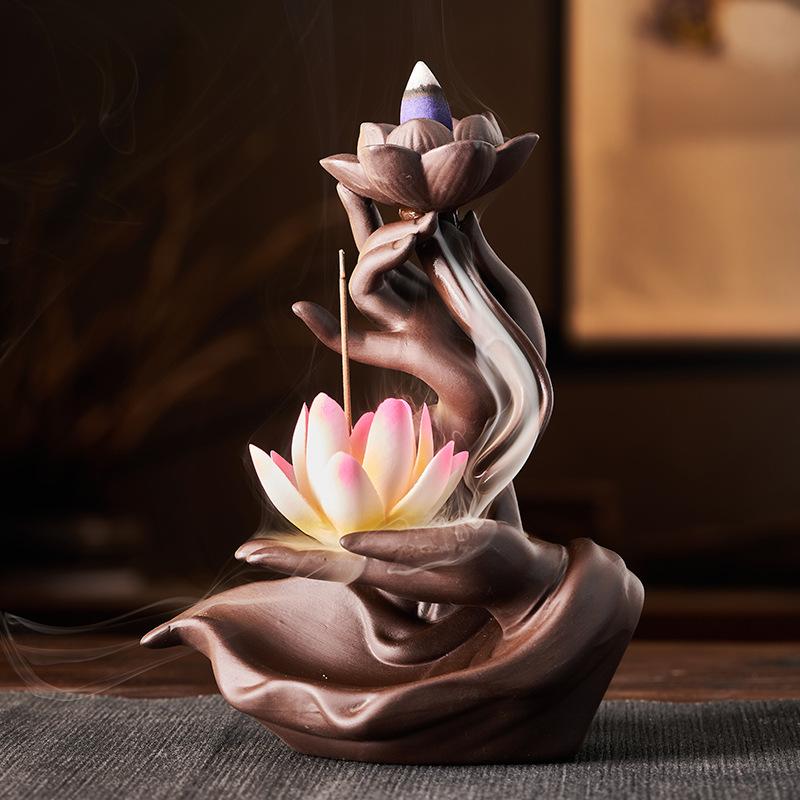 Feng Shui Chinese-style Purple Clay Inverted Flow Incense Burner, Zen-inspired Buddha's Hand Lotus Heart Lamp Ring Ornament, Cer
