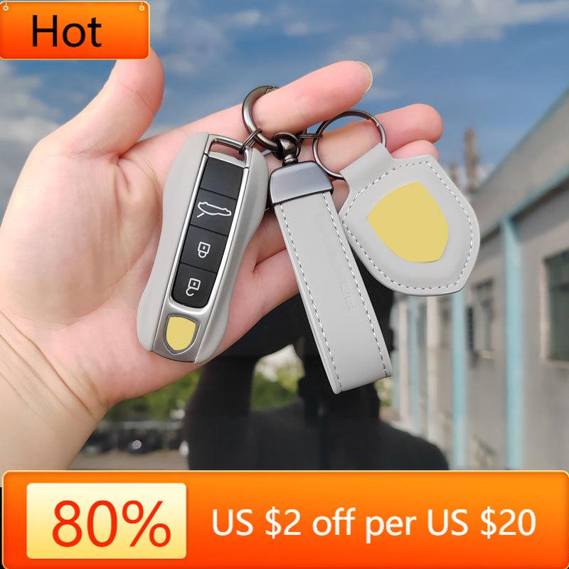 Interior Mouldings Suitable for Porsche matte gray leather key shell Macayenne 718 Paramela 911 leather keychain shell cover