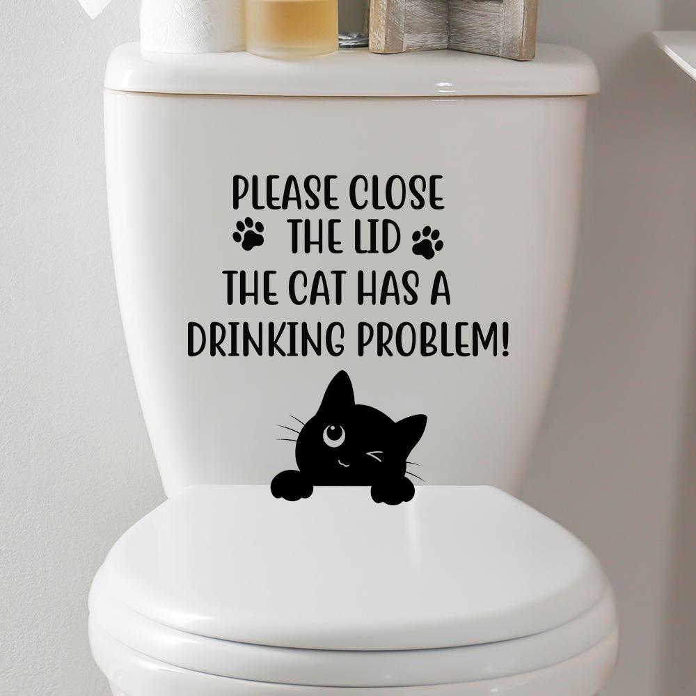 Schwarze Englische Zitate Katze Wandaufkleber Wasserdicht Abnehmbar Selbstklebend Toilettenaufkleber für Badezimmer Heimdekoration