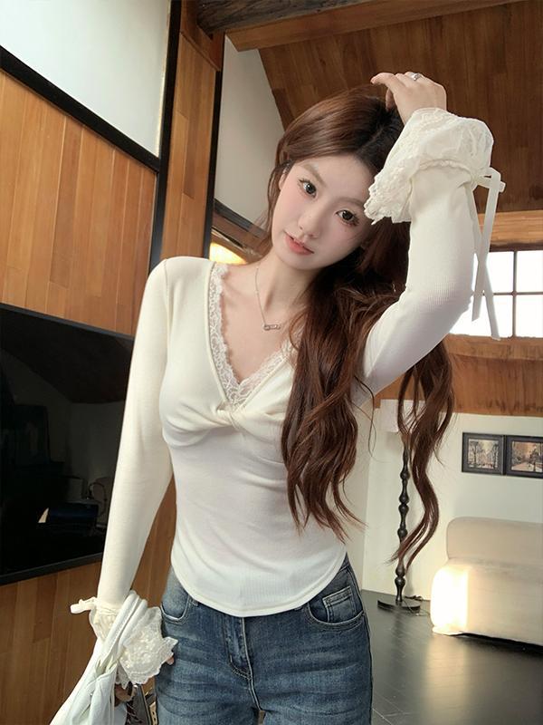 Chic Lace Trim V-Neck Twist Long-Sleeve T-Shirt for Women - Autumn/Winter Versatile Base Layer