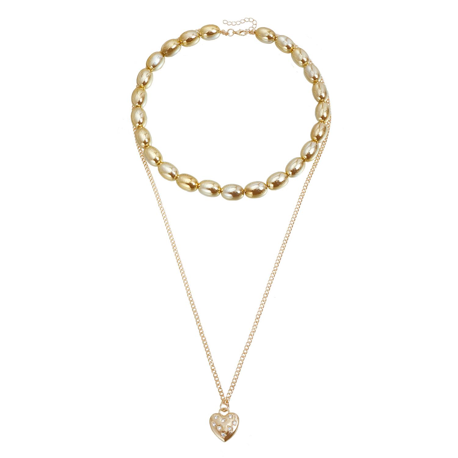 Retro Golden Bean Double Stacked Necklace Textured Metal Love Long Sweater Chain