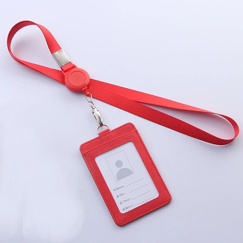 Retractable Lanyards ID Badge Holder Leather Bank Bus Pass Card Case Cover Men Women's Bank Credit Card Holder Strap Cardholder