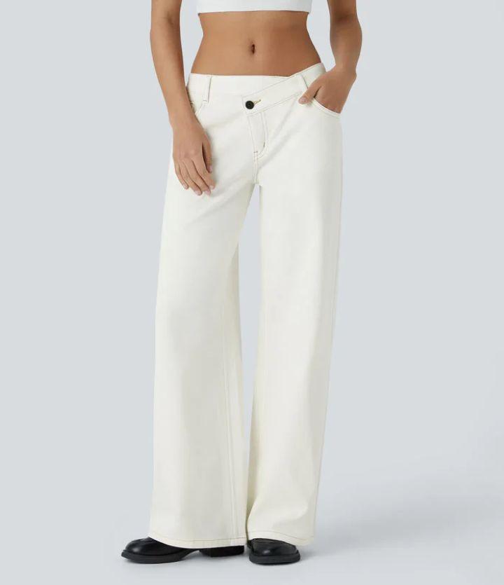 Blaue Asymmetrische Damenjeans Vintage Gewaschen Weiter Bein Gerader Denim-Hose Schwarze Baggy Hohe Taille Basic Hose Lässig