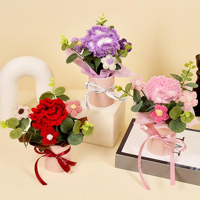 1PC Puff Permanent Rose Valentine's Day Knitted DIY Artificial Flower Gift Handmade Elegant Bouquet Romantic