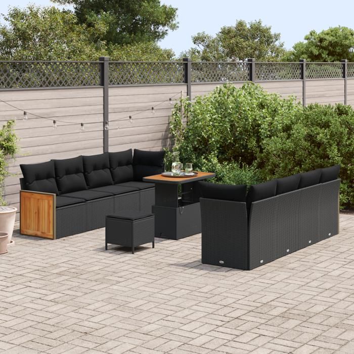 Ensemble de canapé de jardin 11 pièces vidaXL avec coussins Noir Poly Rotin Acacia 3363279