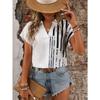 Summer New Short-sleeved Versatile Casual Women's Shirt V-neck Striped Loose and Comfortable Top