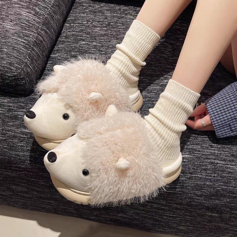 Cotton slippers women wear cartoon hedgehog home non-slip flat bottom autumn and winter warm plush slippers women cotton drag