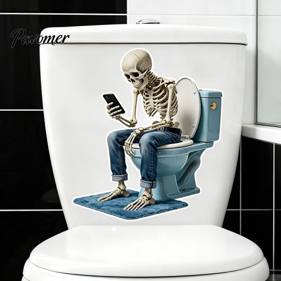 Quick Home Transformation Stickers Funny Skeleton Toilet Cover Sticker, Self-Adhesive Waterproof Sitting on Phone Playing Seat Lid Decal, Novelty