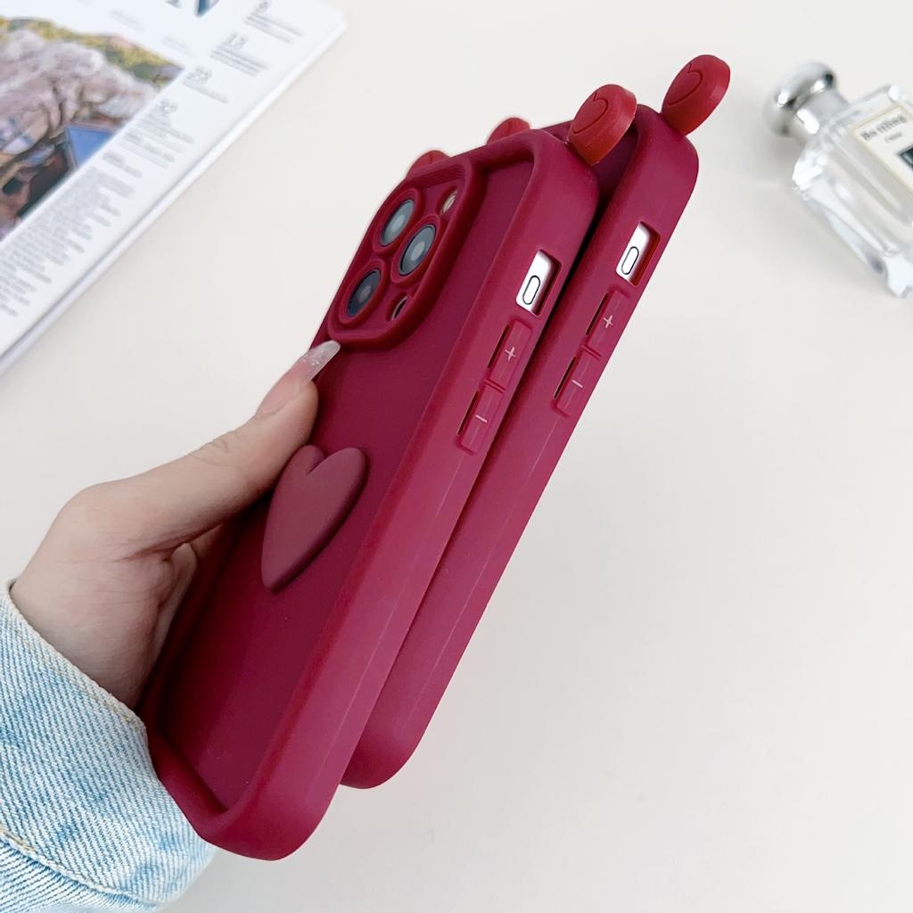 Burgundy Three-dimensional Ear Love Applies To iPhone17Promax Mobile Phone Case Apple 16/15 Cute 14/13
