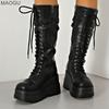 Women's Chunky Sole Belt Buckle Platform Punk Motorcycle Boots Black Anti-slip Street Style Mid-Calf Boots Size35-42 Botas Mujer