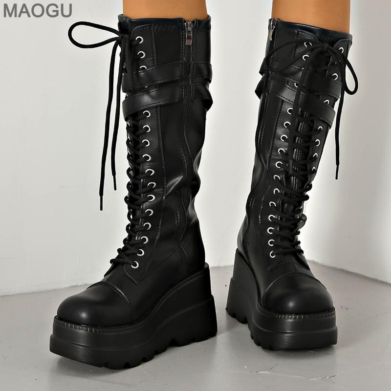 Women's Chunky Sole Belt Buckle Platform Punk Motorcycle Boots Black Anti-slip Street Style Mid-Calf Boots Size35-42 Botas Mujer