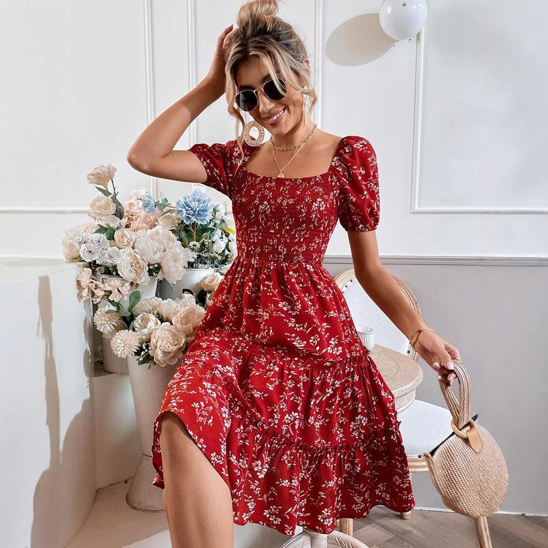 Women Summer Bohemian Casual Short Sleeve Square Collar Flower Printed Holiday One Piece Dress