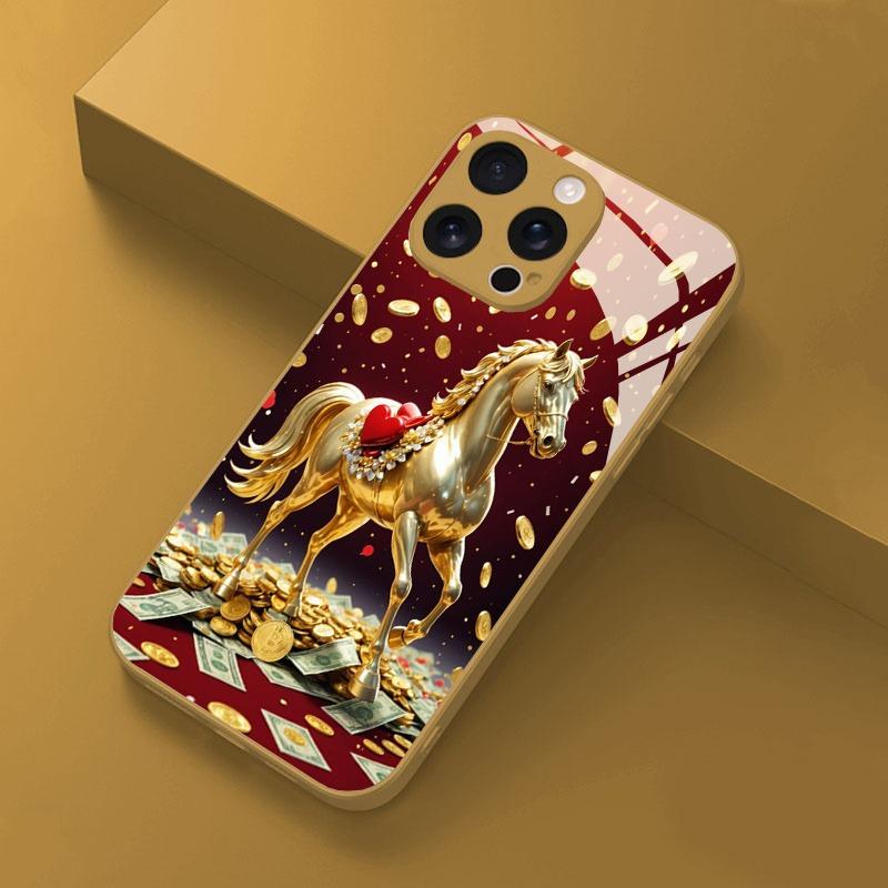 Golden Horse Coins Pattern Gold Metallic Paint Glass Phone Case For iPhone 17 Pro Max 11 12 13 14 15 16 Plus 17 Air 16E Cover