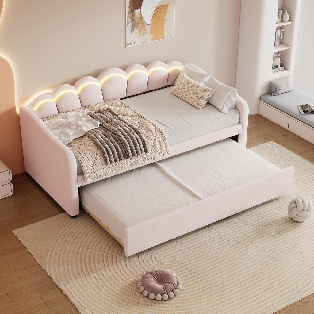 Schlafsofa Polsterbett 90 x 200 cm, Ausziehbares Bettsofa, Ausziehbett mit Rollen, mit LED-Licht, Samt minimalistisches Styling Ohne Matratze