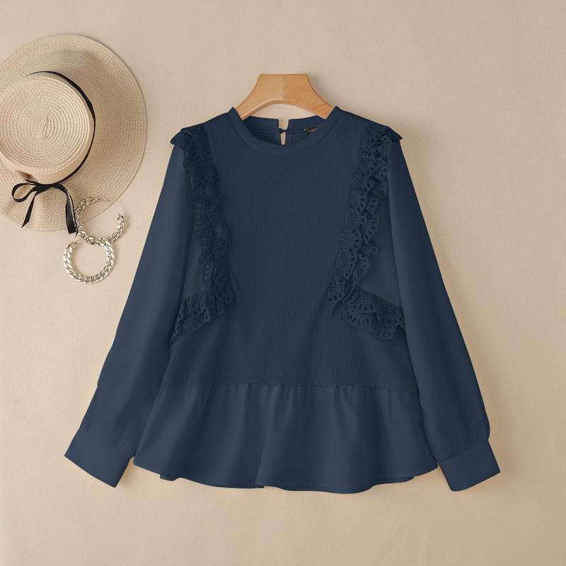 ZANZEA Women Casual Round Neck Long Sleeve Loose Patchwork Blouse
