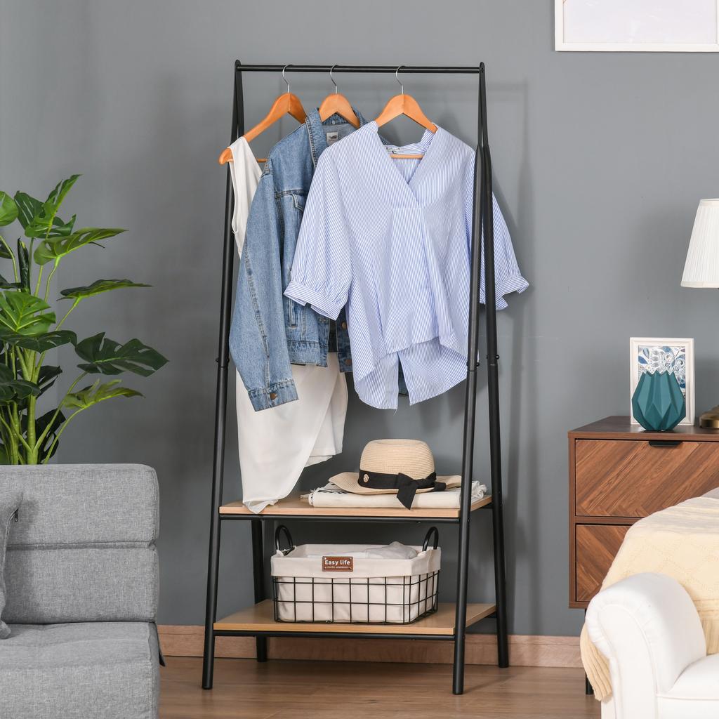 Clothes Rail, Freestanding Metal Clothes Rack with 2 Tier Storage Shelves for Bedroom and Entryway, 64 X 42.5 X 149 Cm, Black Frame