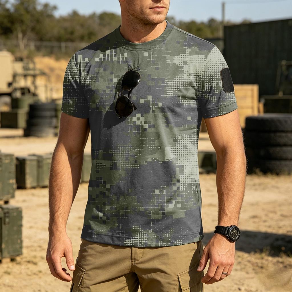 Men's Tactical Outdoor Quick Dry Short Sleeve T Shirt Loose Fit Breathable Crew Neck Camouflage Print with Hook and Loop Patch Area