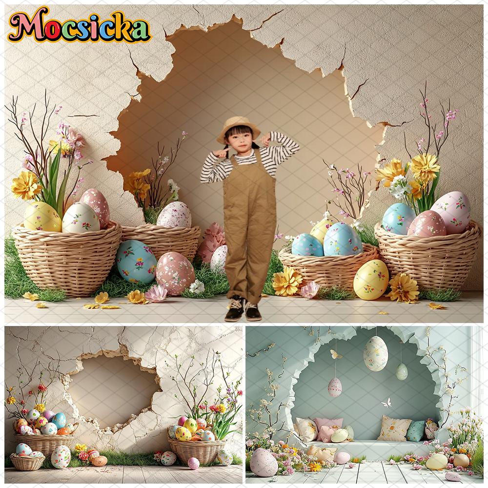 Mocsicka Art Wall Hole Photography Background Easter Egg Spring Flower Portrait Backdrop Birthday Decoration Photo Studio Banner