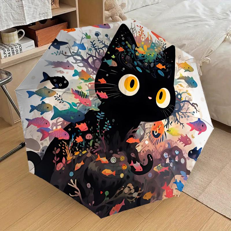 1PC cat fishAutomatic Open/Close Umbrella with Windproof, 8-Rib Sturdy Canopy, Durable Ribs, Fashionable Design, Outdoor Accessory, Fun Prin, Holiday