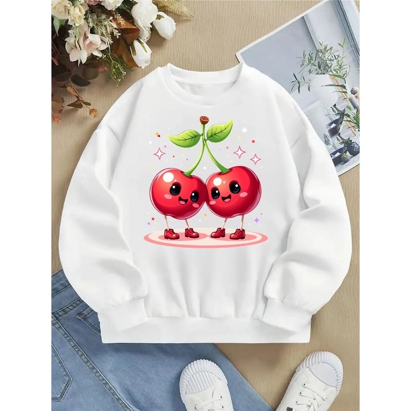 Kids Fashionable Crewneck Sweatshirt, Cute Dancing Cherry Duo Print,Casual Sportswear for Spring & Autumn