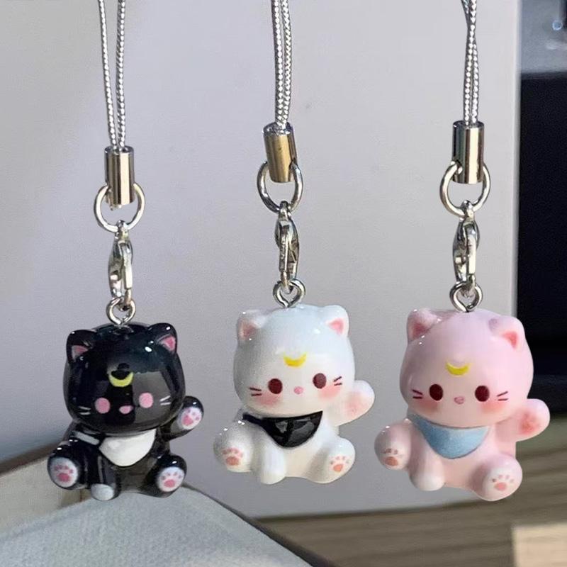 3pcs Fashion New Cartoon Small Cat Cute Keychain Phone Chain Resin Keyring Bag Pendant Couple Key Chains Gifts Women for Jewelry