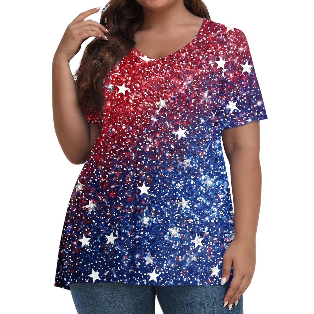 Damenmode Lässig V-Ausschnitt Pullover Kurzarm Übergröße Bedrucktes T-Shirt Top