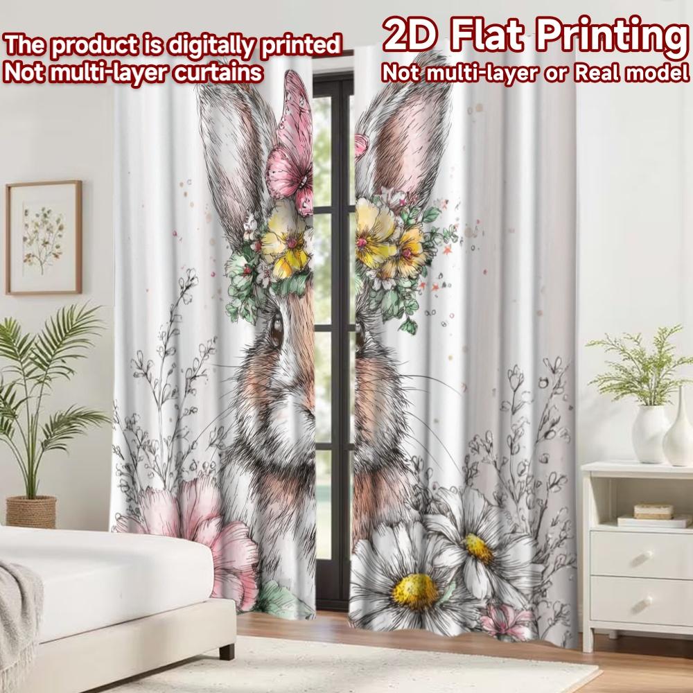 2D flat printing 2pcs Curtain Curtains Easter Bunny with Flowers(1) Digital Printed Polyester Drapes Festive Curtains Perfect