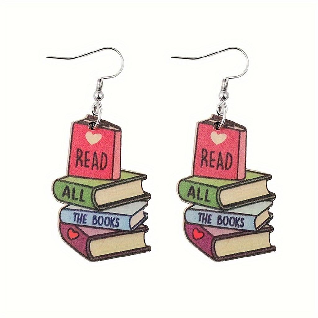 1 Paio Orecchini Pendenti a Forma di Cuore con Design di Libri Colorati Stile Cartone Animato Carino Gioielli in Legno