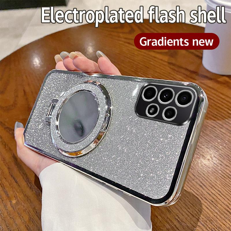 For Samsung Galaxy A70 A71 A72 A73 Mirror Glitter Plating Holder Silicone Case For Samsung Galaxy A73 Magnetic Stand Cover A70
