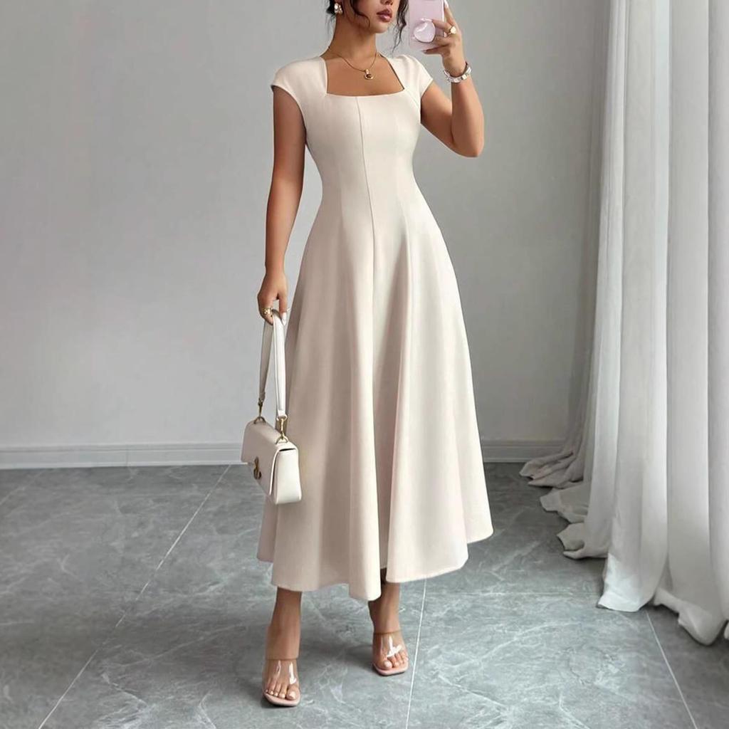 European & American Style Women's Square Neck Short Sleeve Long Dress