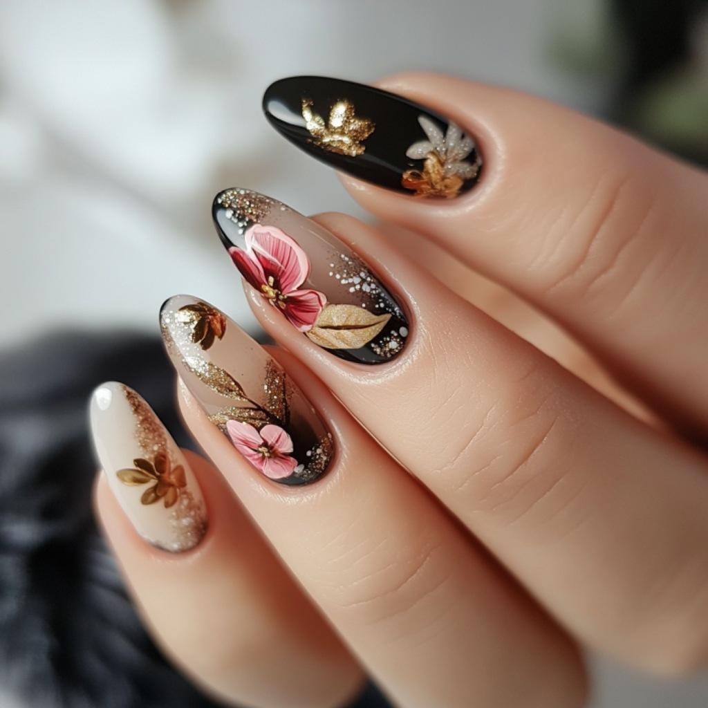 

24PCS Autumn Winter Almond Press on Nails Golden Maple Leaves Patterns French Fake Nails for Women Wearable False Nails Manicure