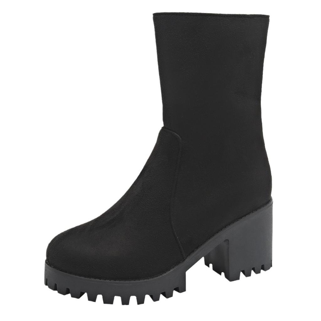 Short Boots Medium Boots Thick Heel Versatile Girls Cheongsam Shoes Antique Zipper Waterproof Table Boots Large Size Women's Shoes Non-slip