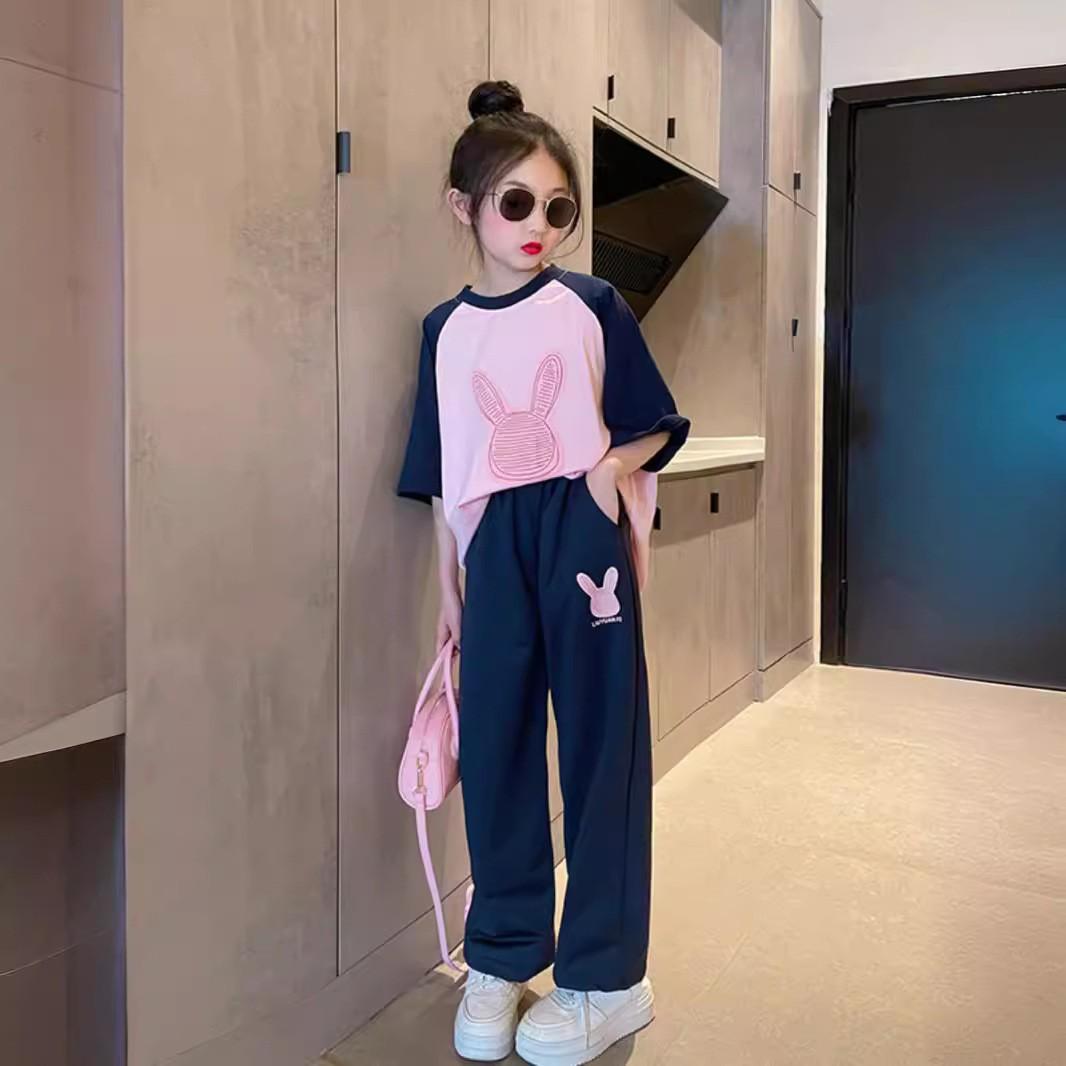 

Спортивный костюм из двух частей для девочек, летний костюм в стиле вестерн для больших девочек, летний костюм с короткими рукавами, детская повседневная летняя одежда 120 розовый