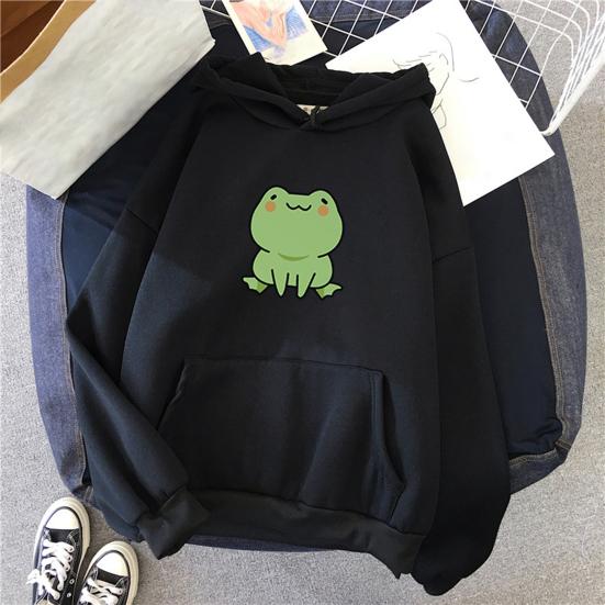 Unisex Hoodie Solid Color Frog Pattern Autumn Winter Korean Style Warm Sweatshirt for Daily Wear