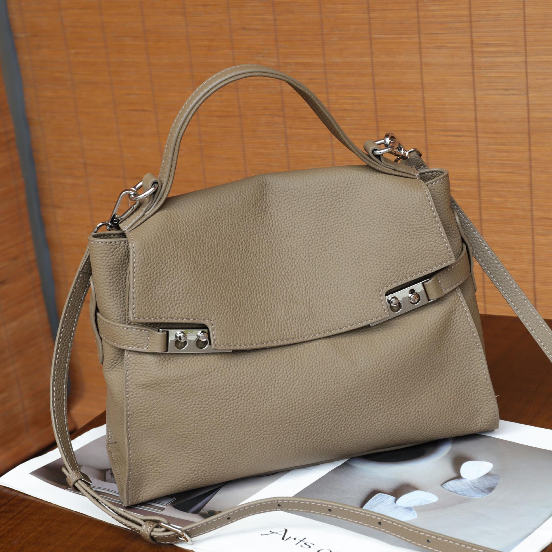 

Temperament Characteristic Women S Bag First Layer Cowhide Horizontal Style Popular Commuter Shoulder Portable Leather Soft Leather хаки