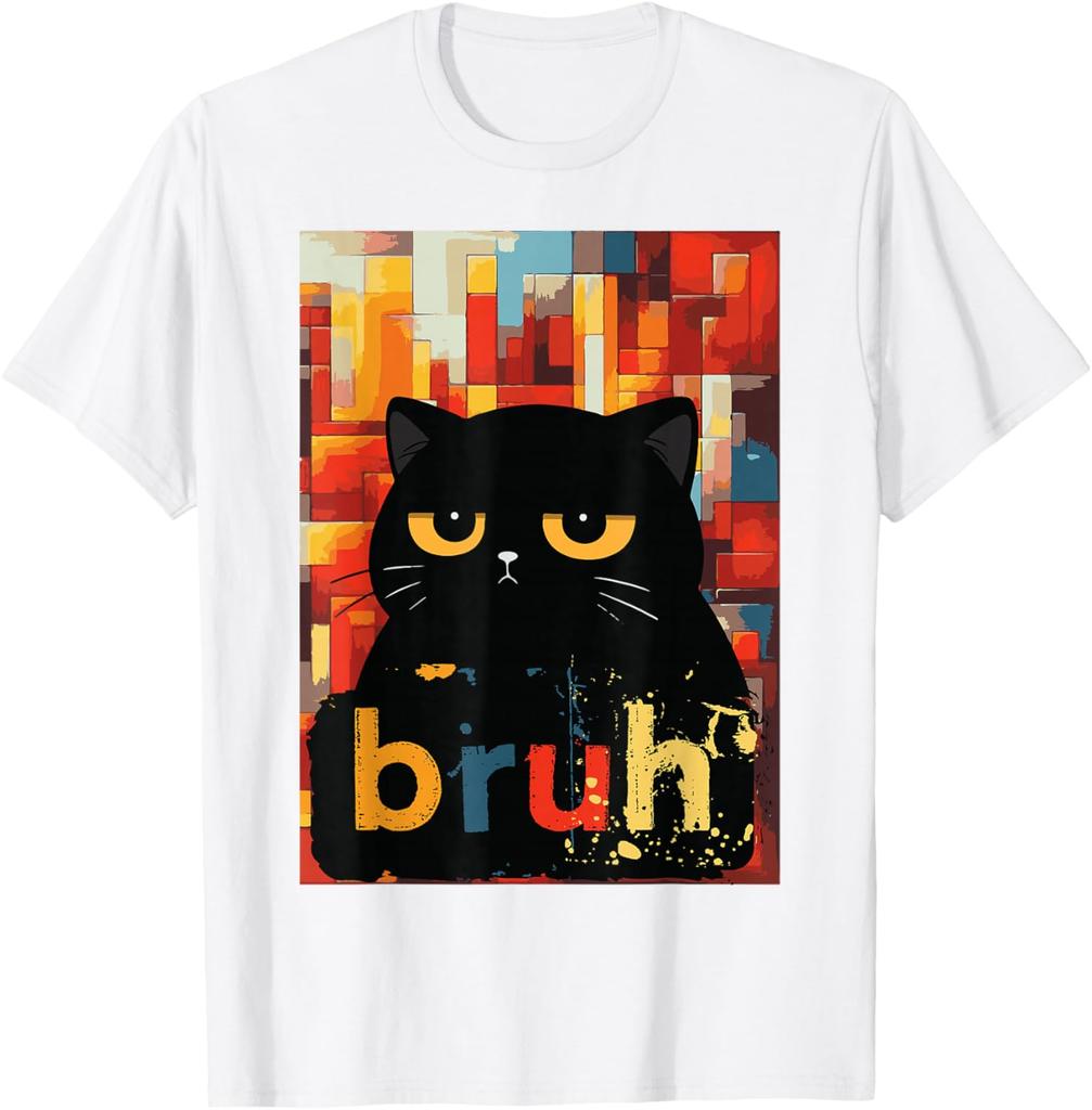 Bruh Black Cat Funny Meme Graphic TShirt Casual Short Sleeve Cotton Crew Neck Tee
