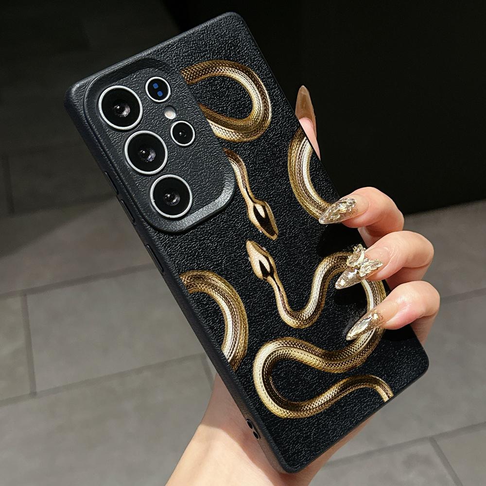 

Samsung A07 A16 A06 Xiaomi Redmi 13C 14C для iPhone 17 Pro Max Infinix Realme Чехлы для телефонов Мягкий коричневый Кожаный узор TPU Чехол NY58 Золотой Дизайн змеи Realme NARZO 50A чёрный
